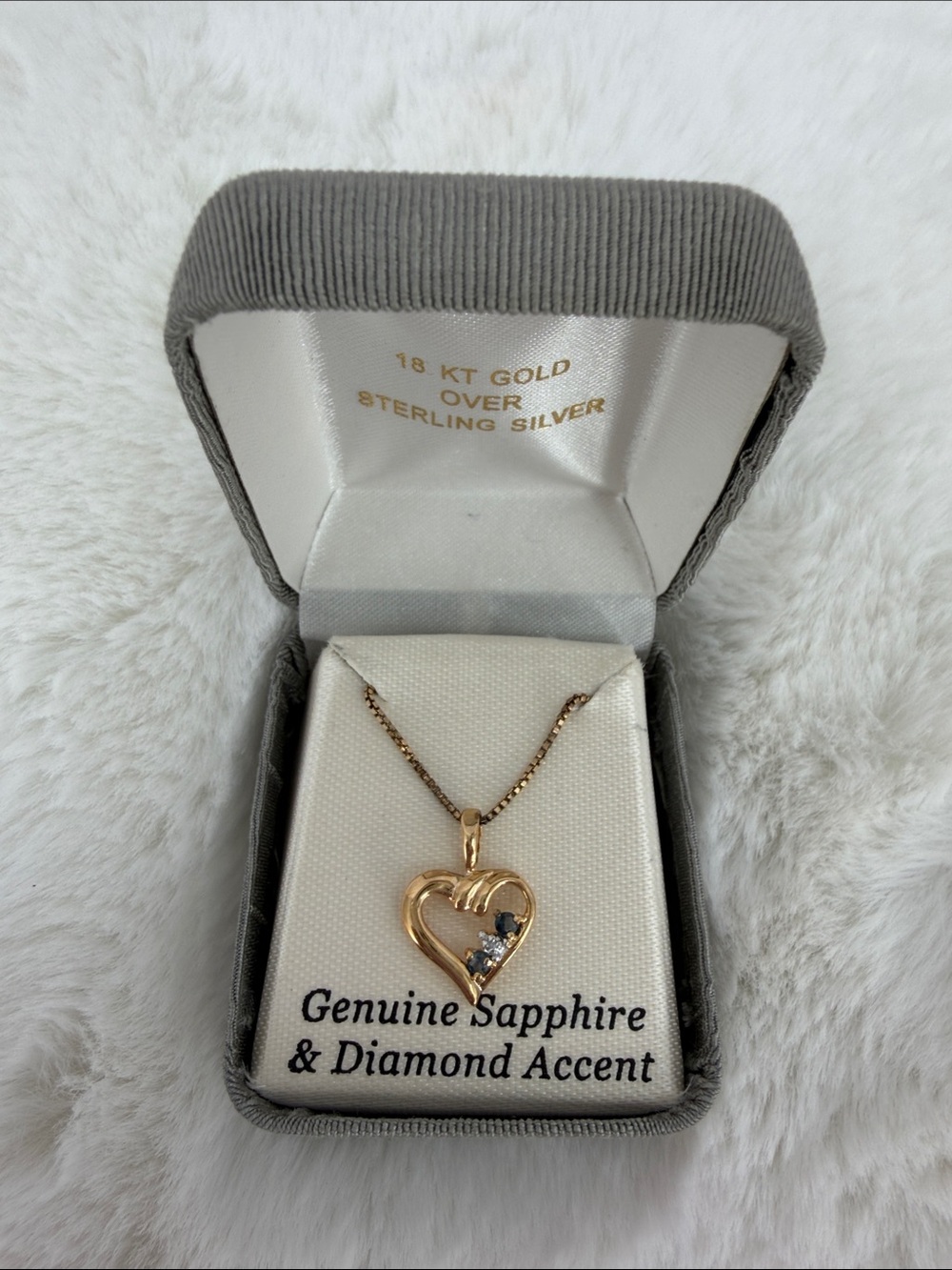 18K Gold Over Sterling Sapphire & Diamond Accent Heart Pendant Necklace NIB